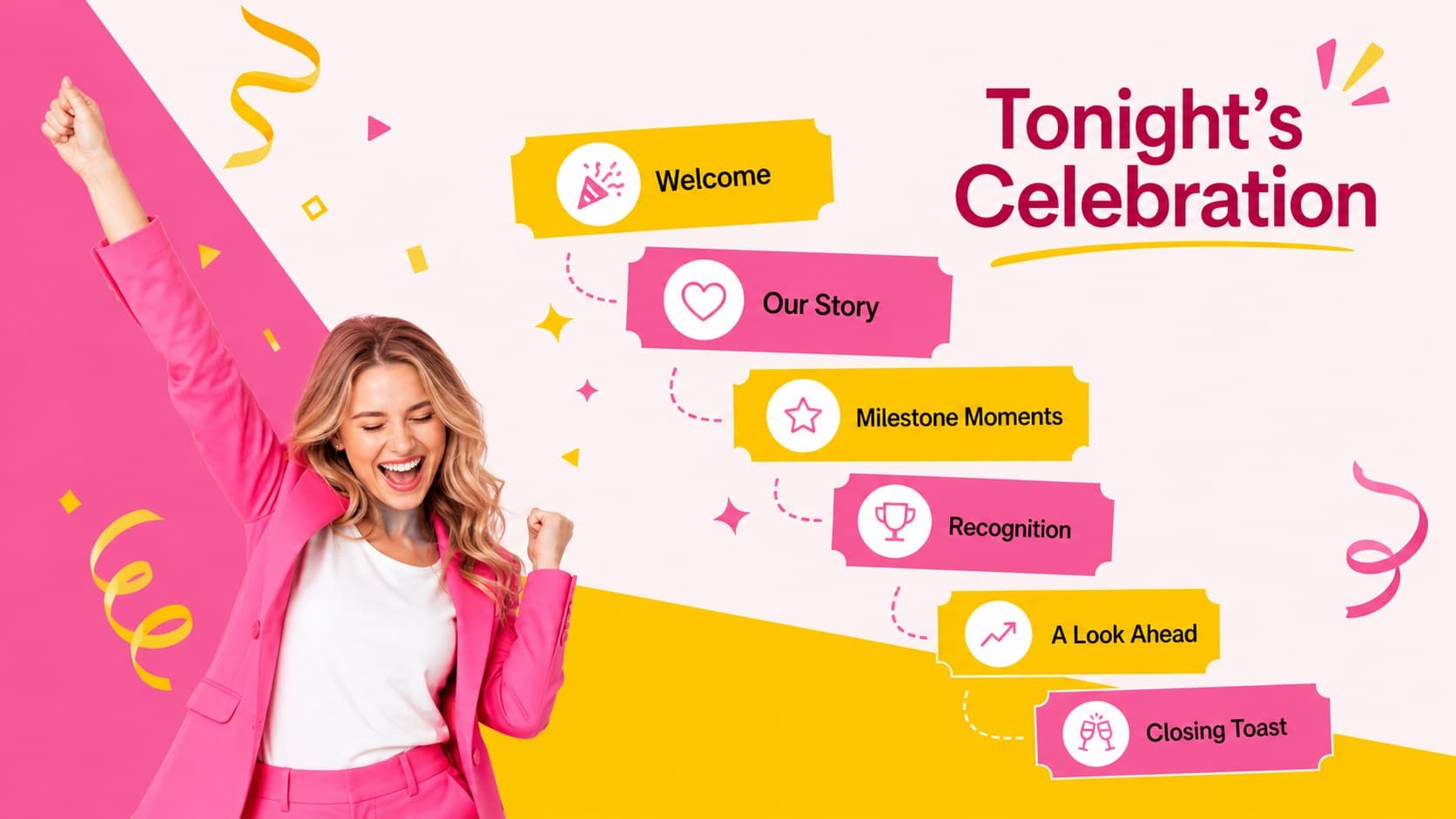 Pink and yellow event agenda slide for a 15th anniversary presentation template.