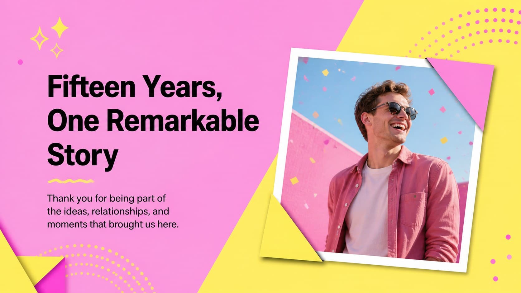 Opening message layout in a colorful milestone celebration slideshow with space for a welcome note.