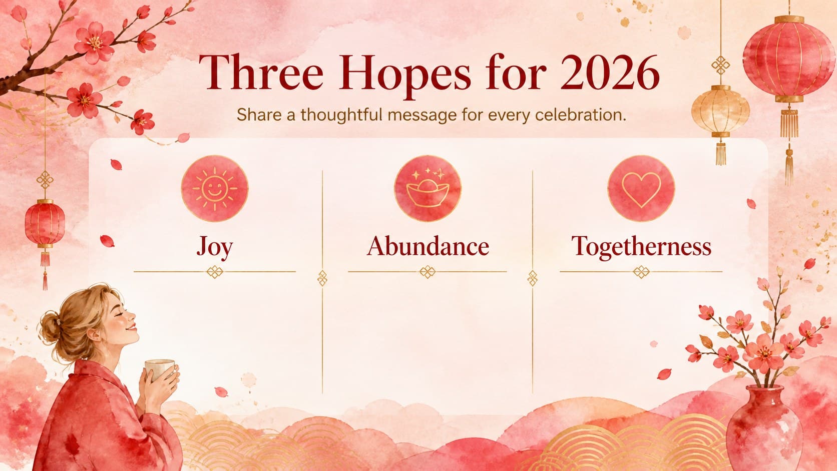 Red and gold holiday card template slide presenting three editable prosperity blessings in a watercolor layout.