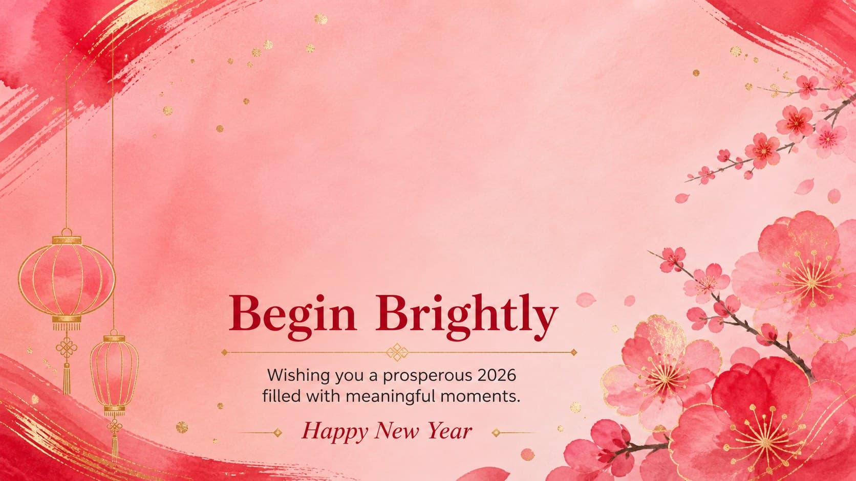 Watercolor Lunar New Year wishes closing slide with a festive thank-you message in pink, red, and gold.
