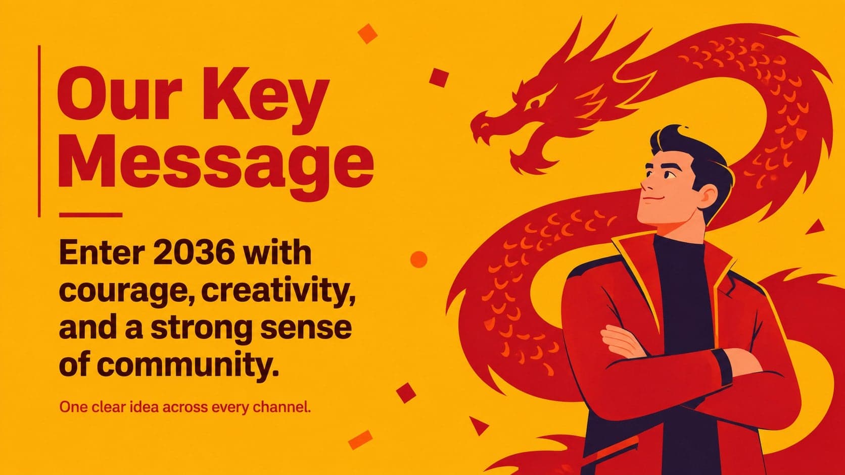 Lunar New Year marketing slide presenting a central message for the 2036 Dragon Year celebration.