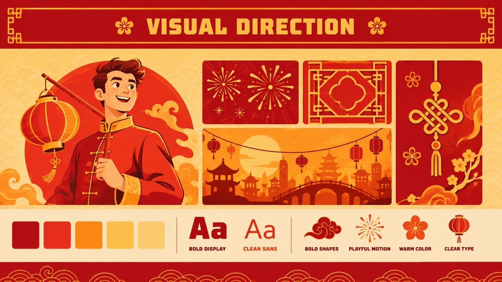 Red and yellow festival presentation slide defining an expressive visual direction for Dragon Year.