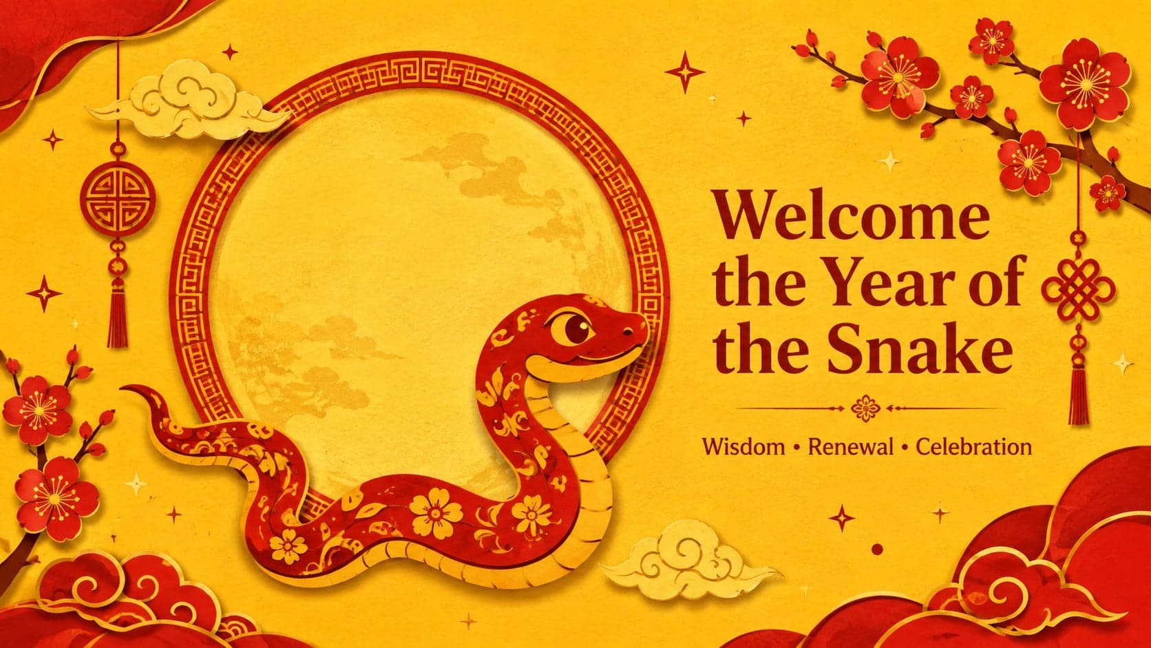 Illustrated snake zodiac printable featuring a 2037 Lunar New Year welcome message in red and yellow.