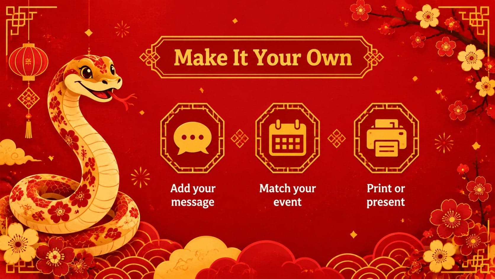 Editable snake year celebration sign showing customization ideas for Lunar New Year events and displays.