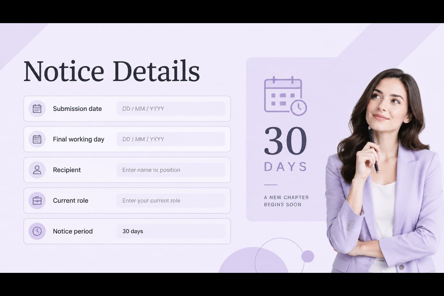 Notice details slide showing the final working date and recipient fields in an editable resignation letter template.