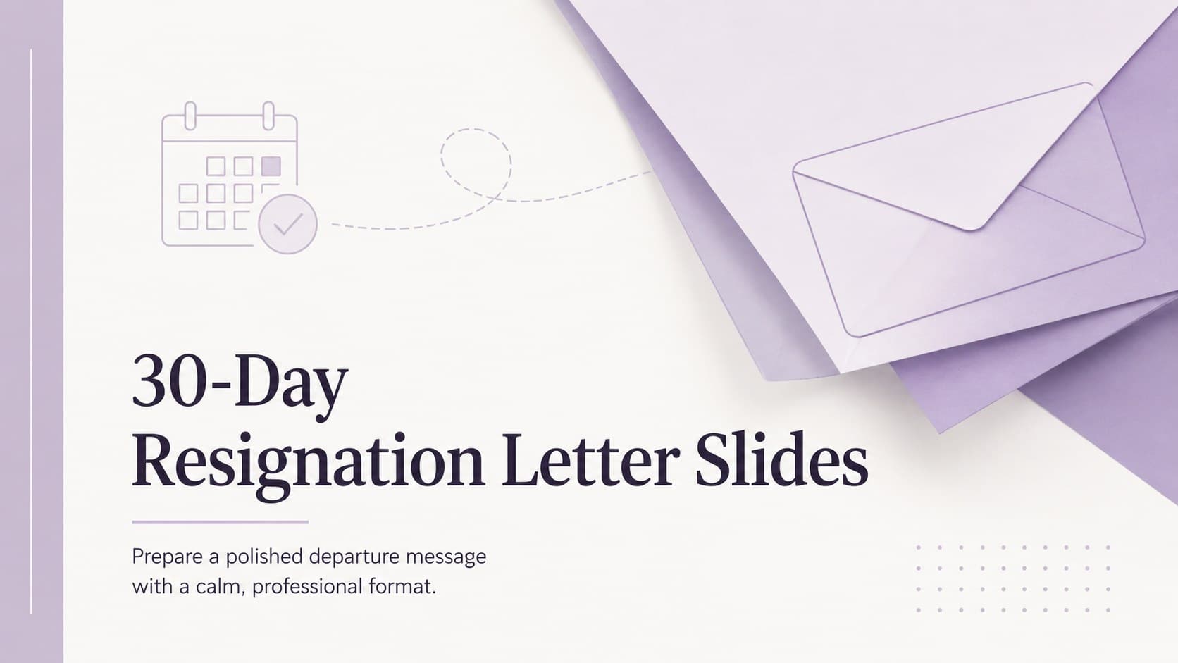 Cover for 30-Day Resignation Letter Slides with a minimalist purple professional layout.