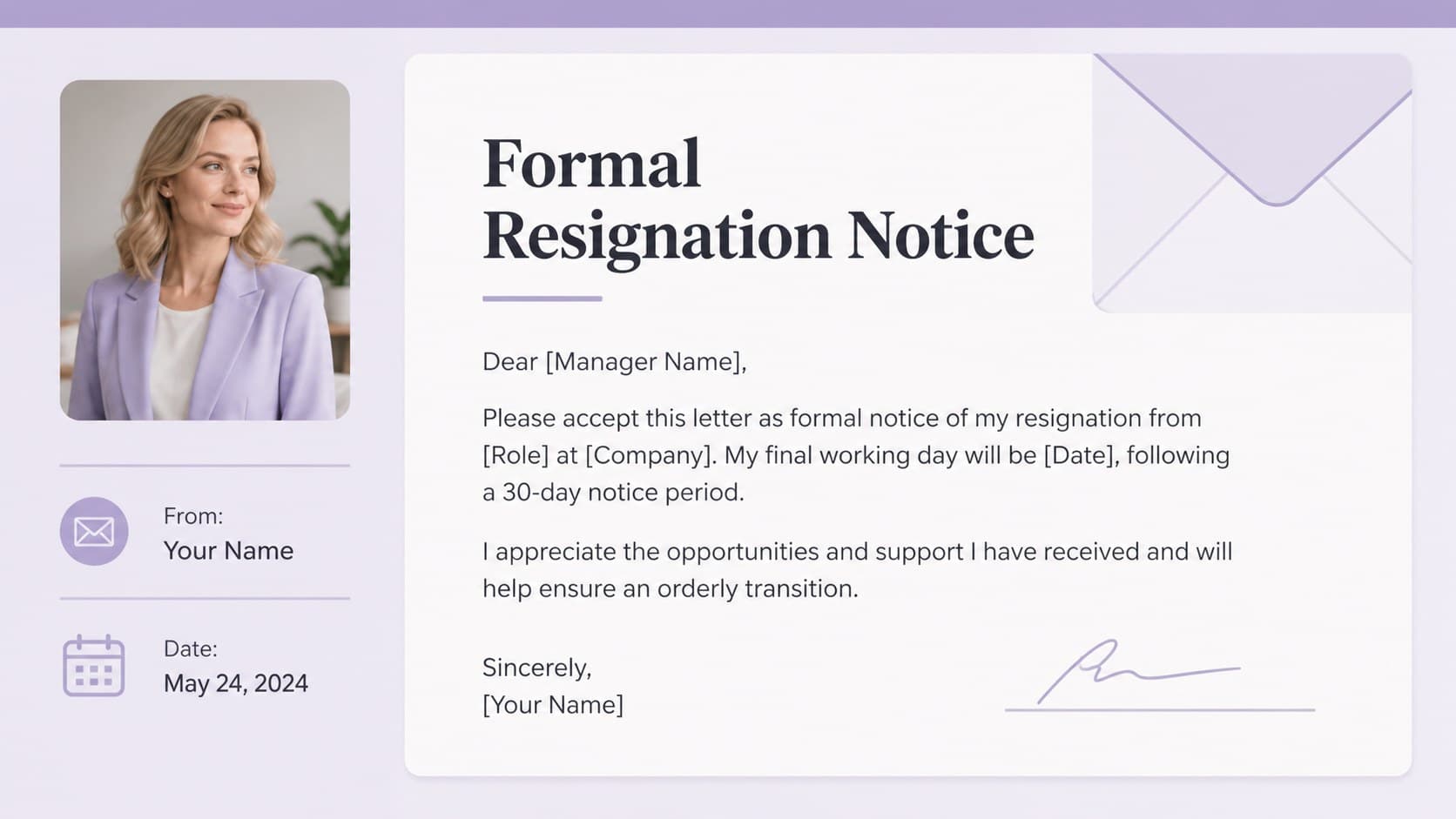 Editable employee departure letter slide showing formal resignation wording and a 30-day final work date.