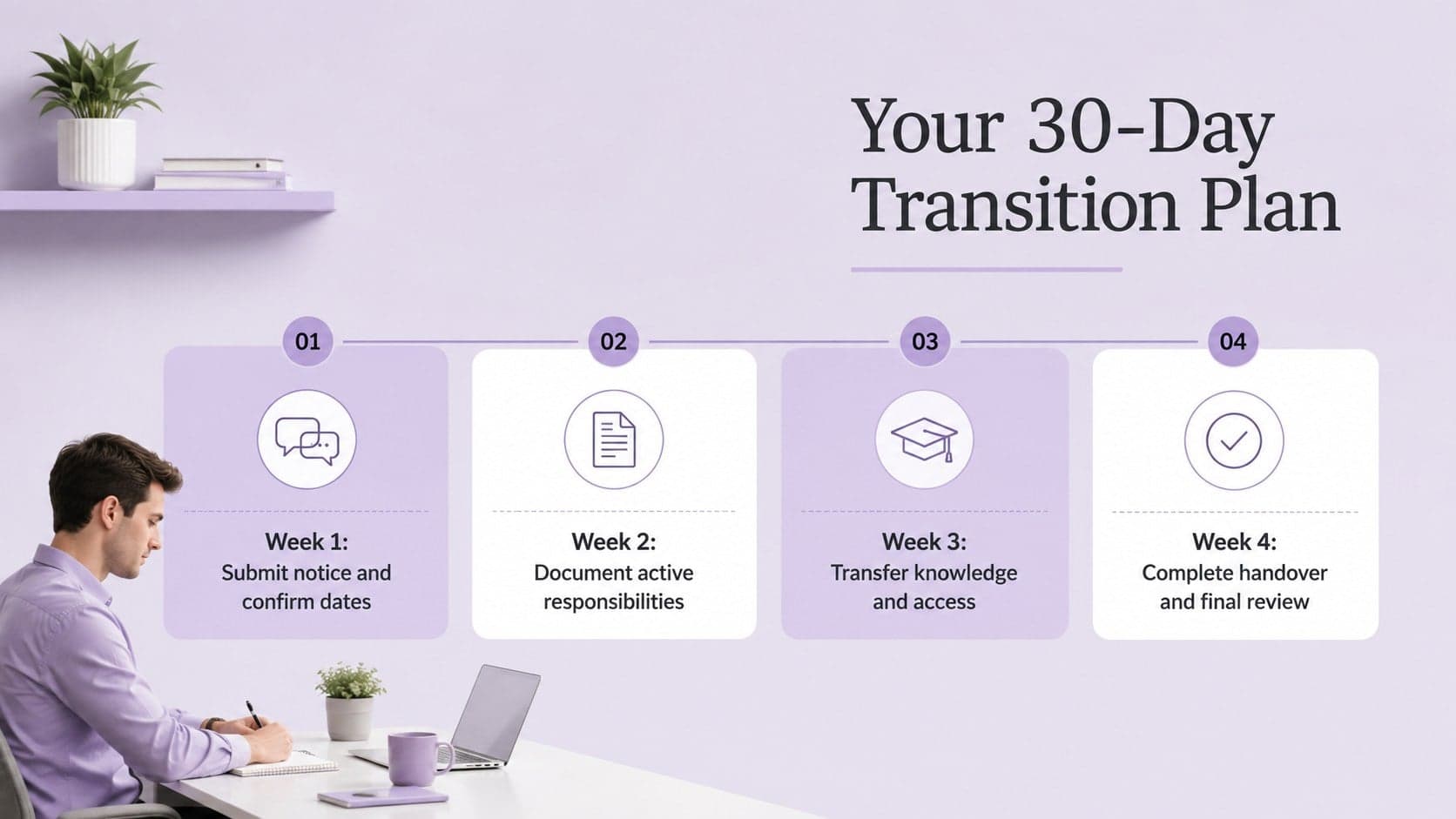 Four-week resignation notice timeline outlining transition tasks across a 30-day departure period.