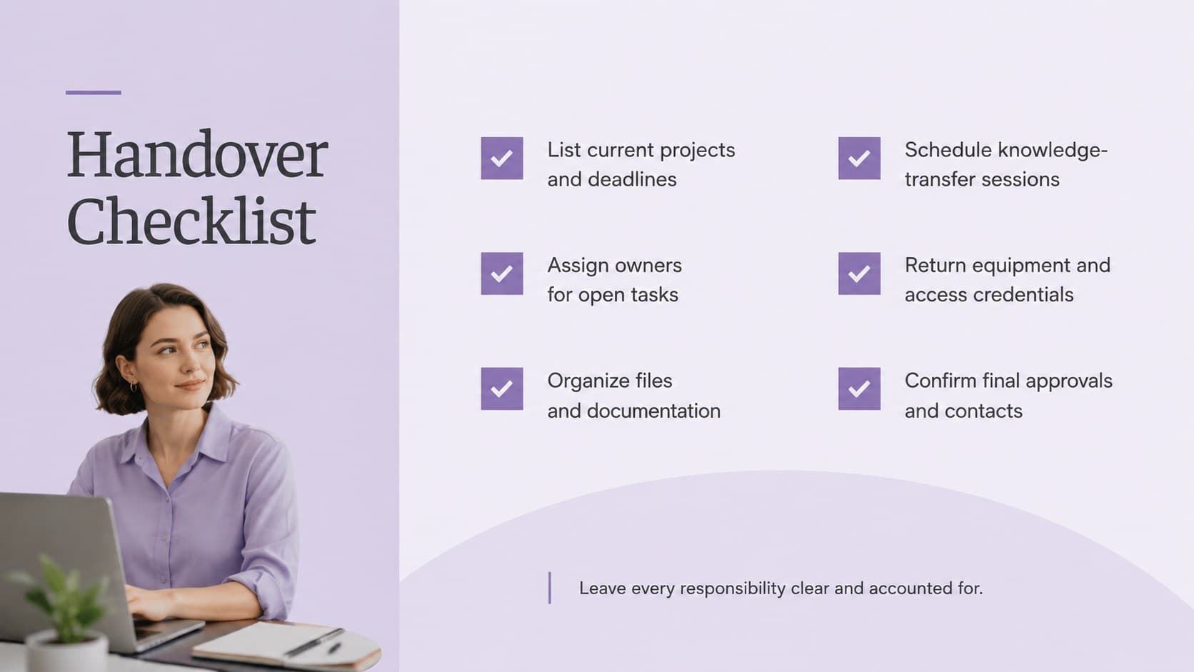 Professional resignation handover checklist covering documents, responsibilities, equipment, and final approvals.