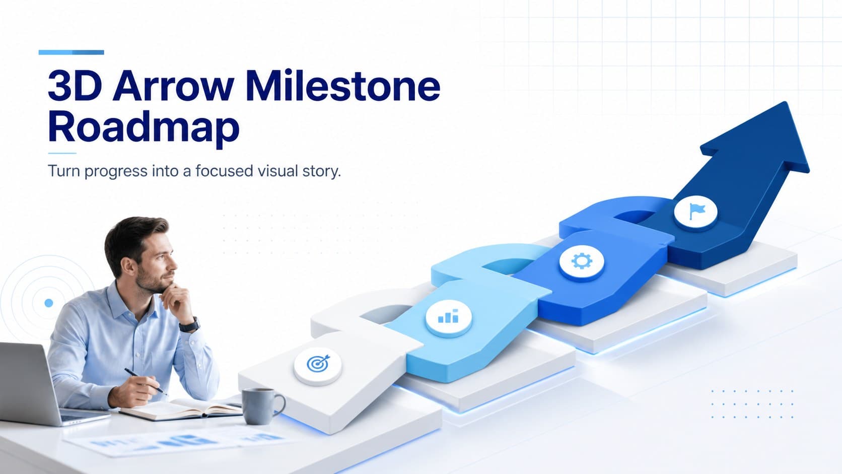 Cover for a 3D arrow milestone roadmap featuring layered blue directional forms on a clean white background.