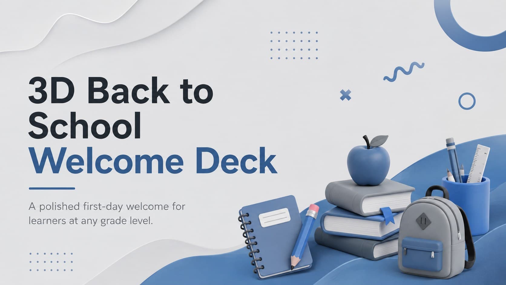 Cover of a 3D back to school welcome deck with dimensional academic objects in blue and grey.
