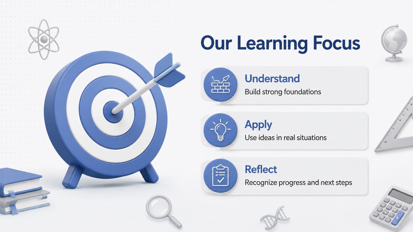School learning goals slide featuring three focus areas in a modern 3D education layout.