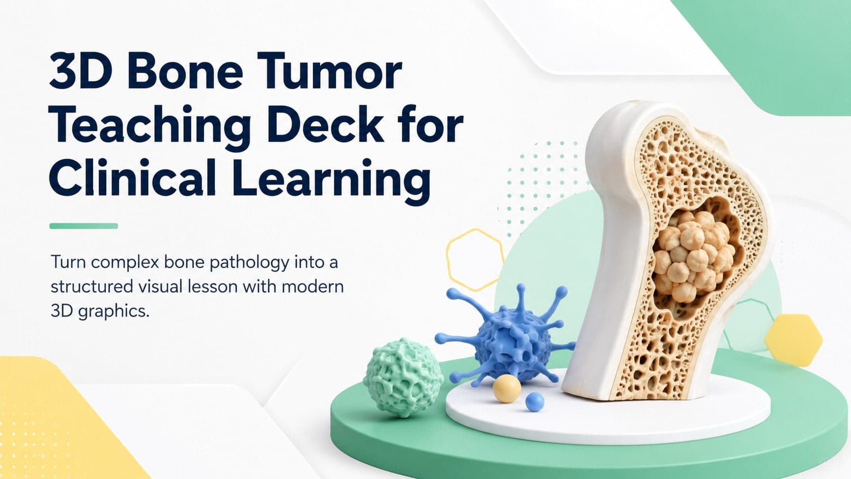 Cover of a 3D bone tumor teaching deck with modern bone imagery and green, yellow, blue, and white accents.