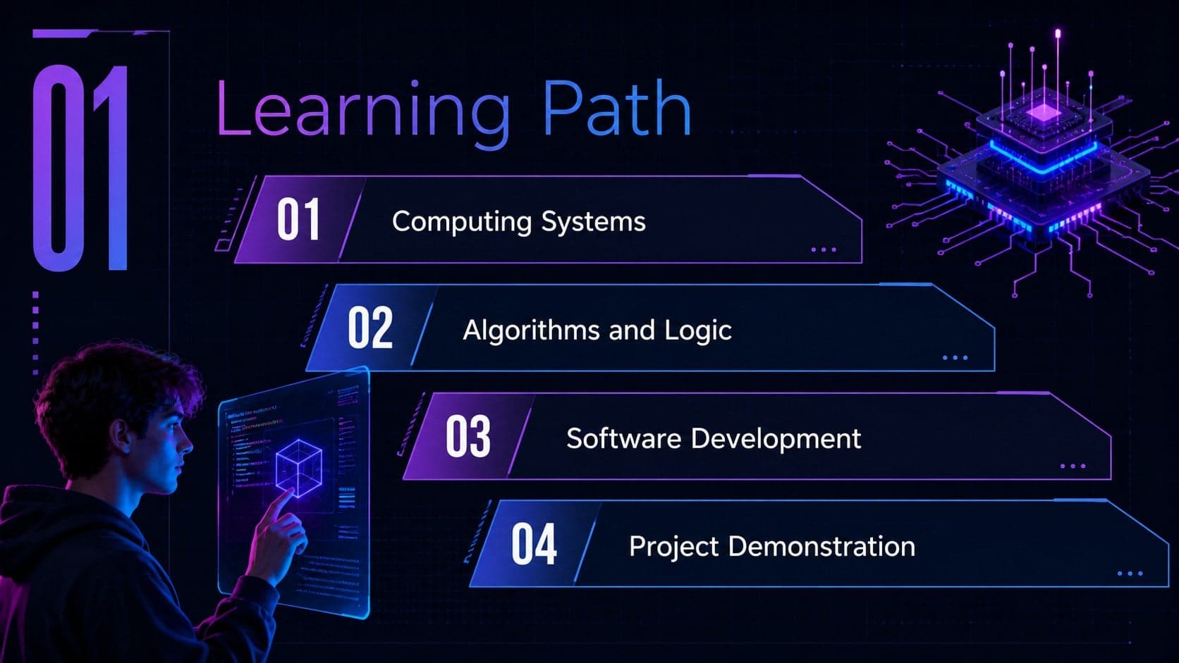 Neon computer science course agenda slide outlining systems, algorithms, development, and project demos.