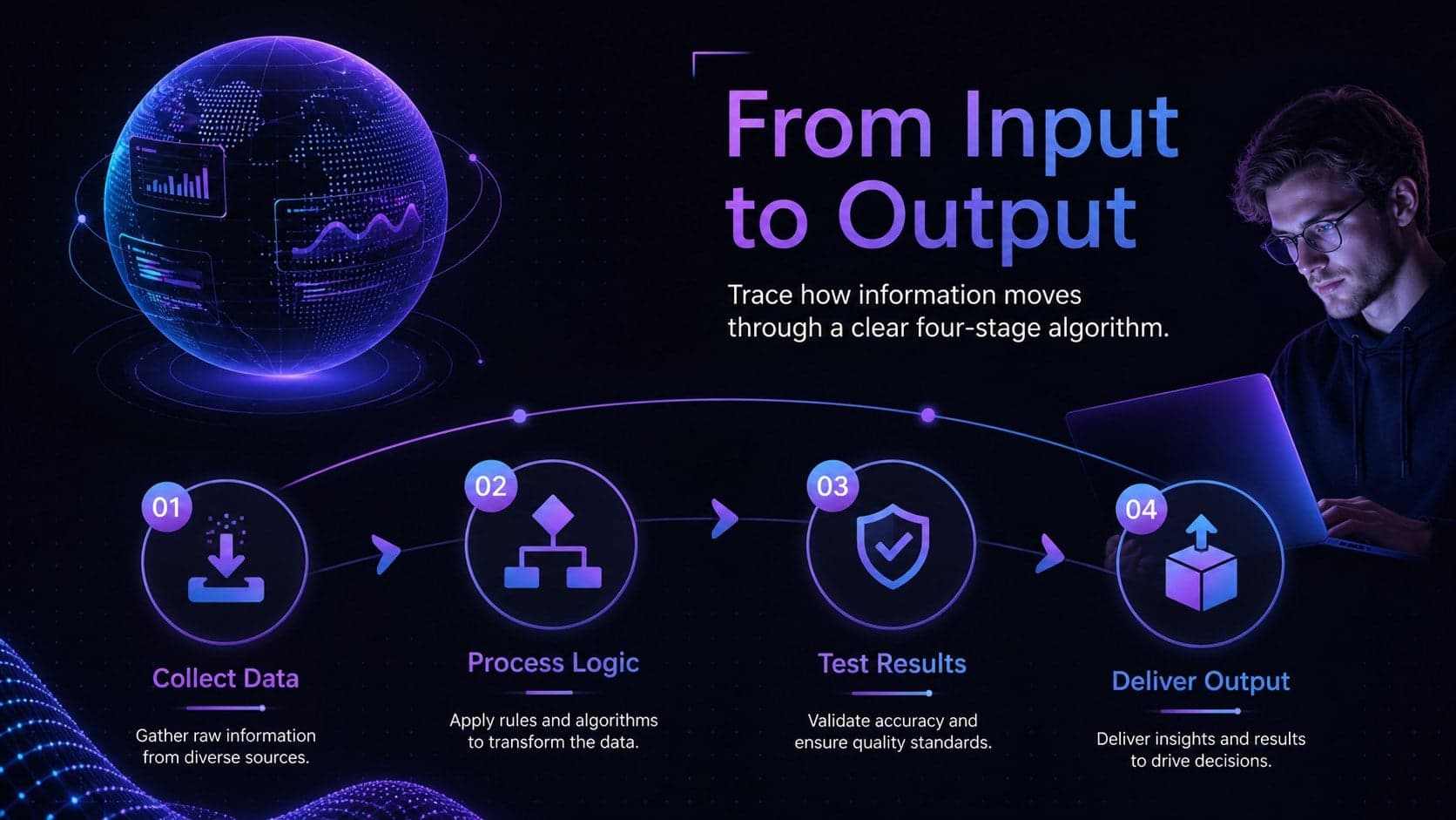 Futuristic computer science slide explaining an algorithm workflow with four neon process stages.