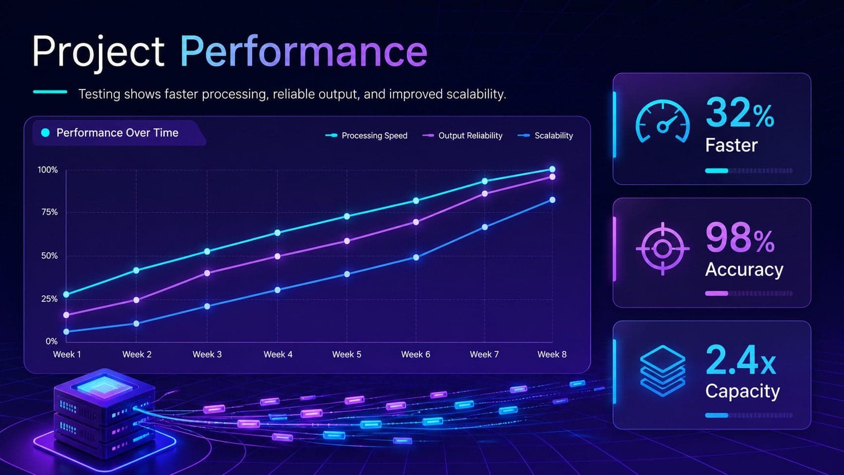 3D programming project results slide with neon performance charts and technical summary metrics.