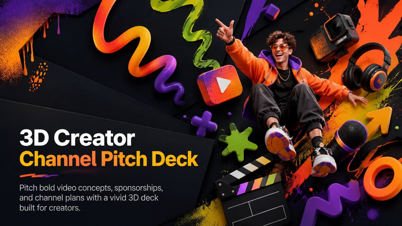 Cover for a 3D creator channel pitch deck with orange neon forms, graffiti doodles, and bold dimensional typography.