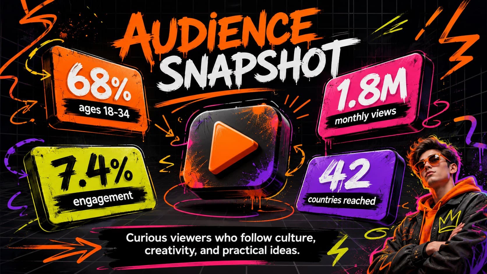 Audience snapshot layout for a creator media kit presentation with demographic cards and bright 3D graphics.