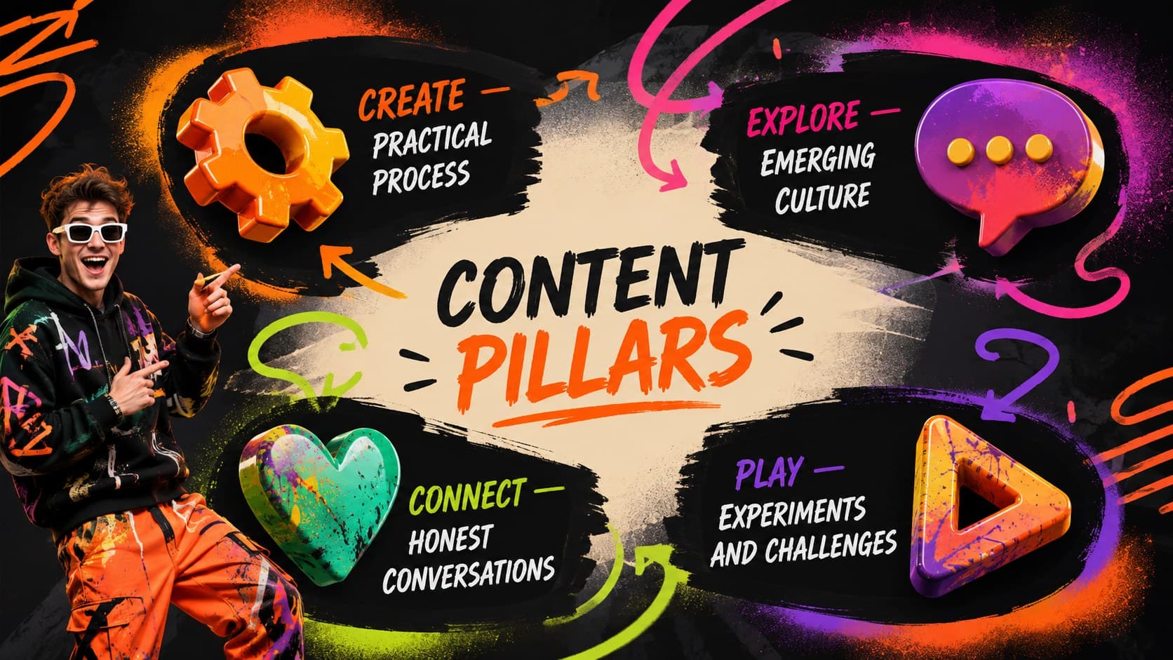 Content pillars slide for a video channel strategy featuring four colorful graffiti-inspired topic sections.