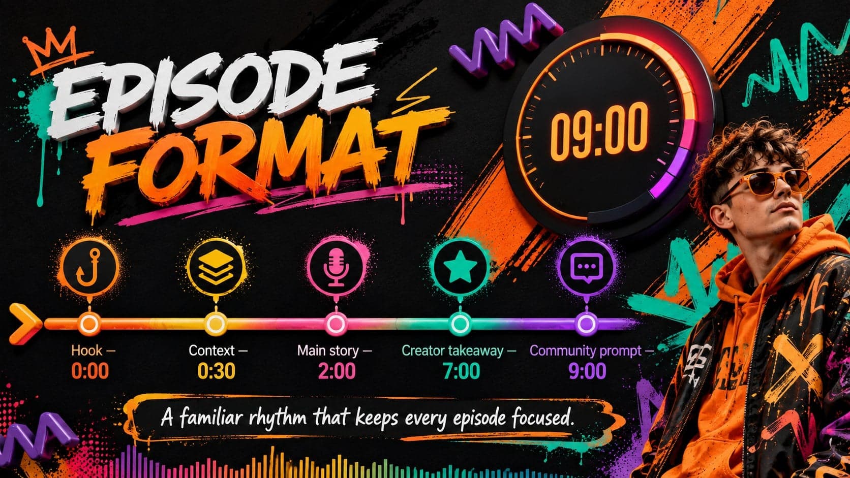 Episode format slide showing the recurring structure of a creator video series in a neon 3D style.