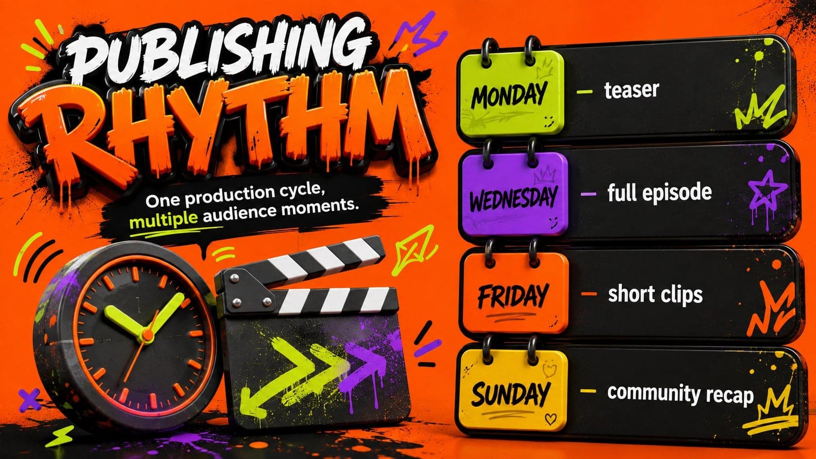 Publishing rhythm slide for a content creator business presentation with a weekly release schedule.