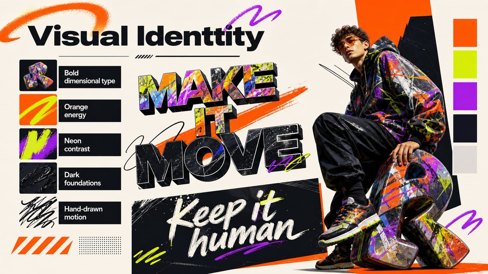 Visual identity slide displaying orange, neon, dark, and colorful swatches for a 3D graffiti PowerPoint theme.