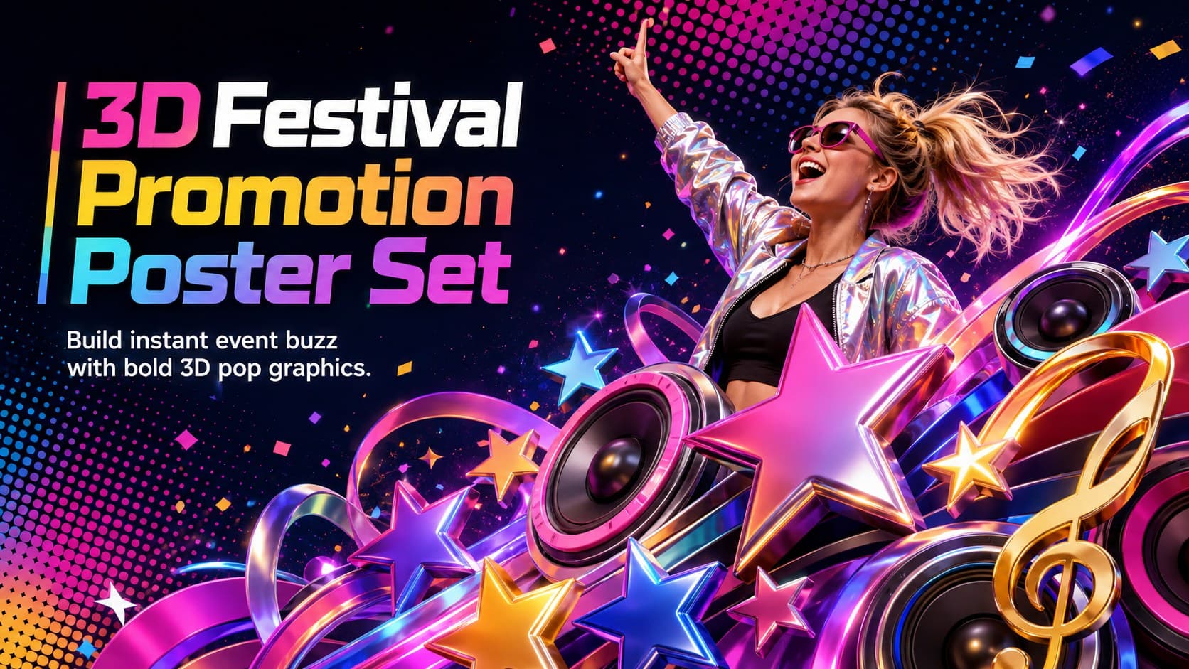 Colorful 3D festival promotion poster cover with playful pop graphics and bold concert typography.