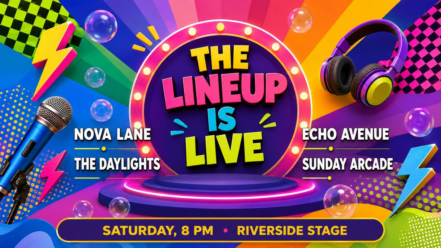 Pop music festival lineup poster featuring colorful 3D decorations and an organized artist schedule.