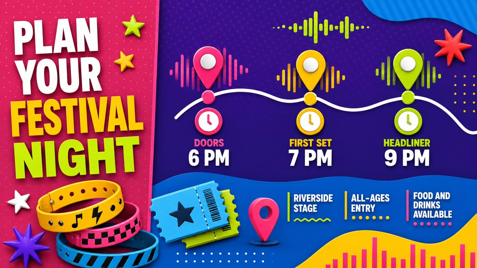 Modern music festival poster layout presenting venue, date, entry, and schedule information in a colorful pop-art style.