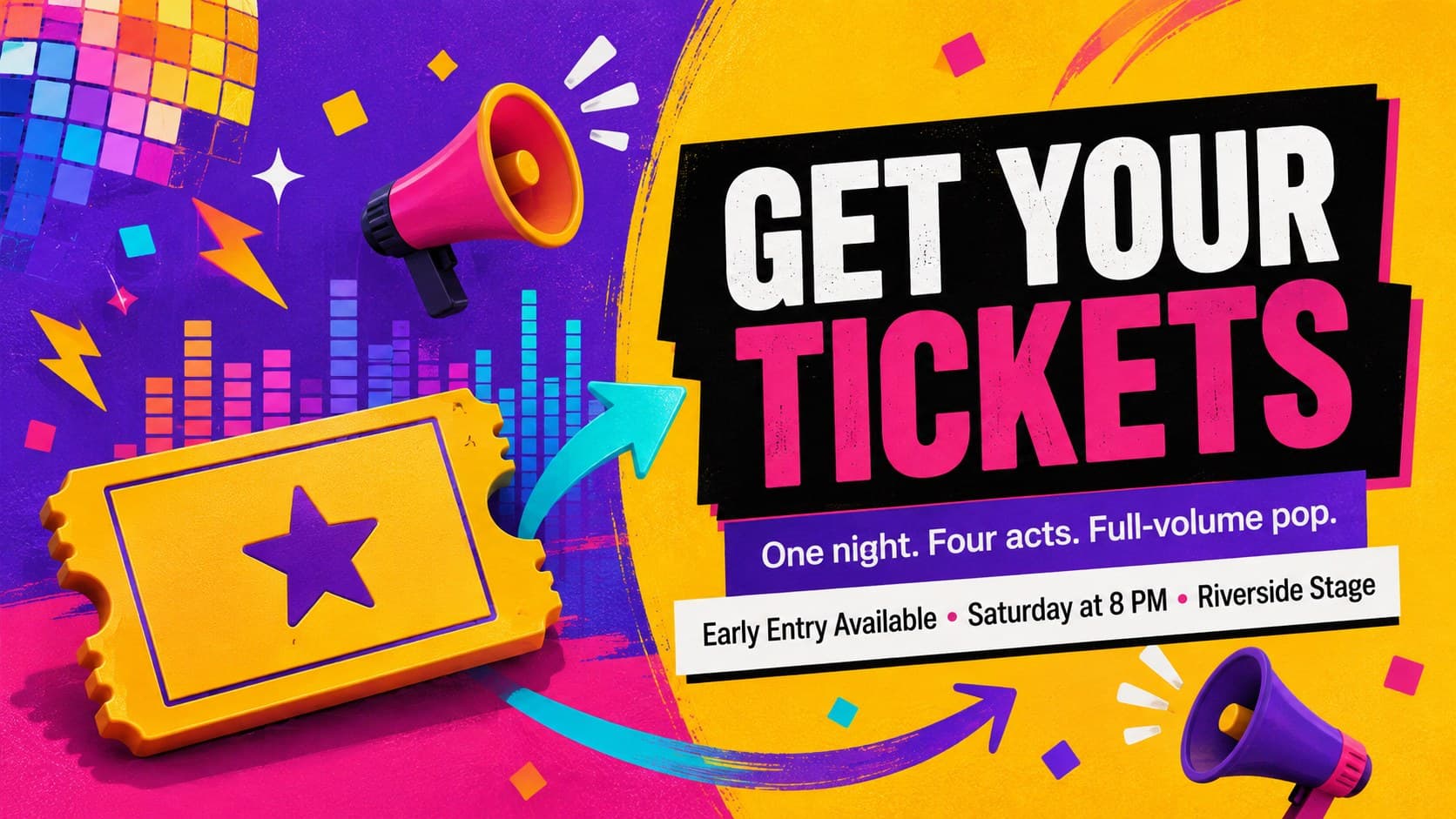 Colorful concert ticket promotion poster with a bold booking call to action and glossy 3D music graphics.