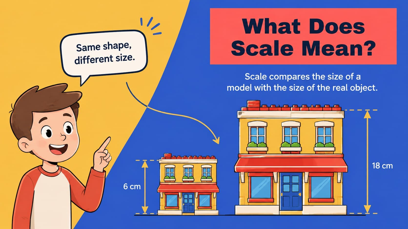 Visual math slide explaining scale factor with differently sized toy building models.