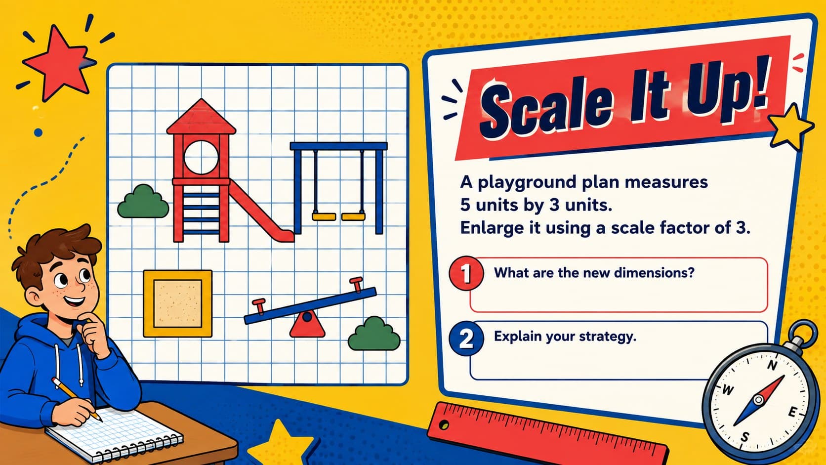 Interactive scale factor math station asking students to enlarge a playground plan.