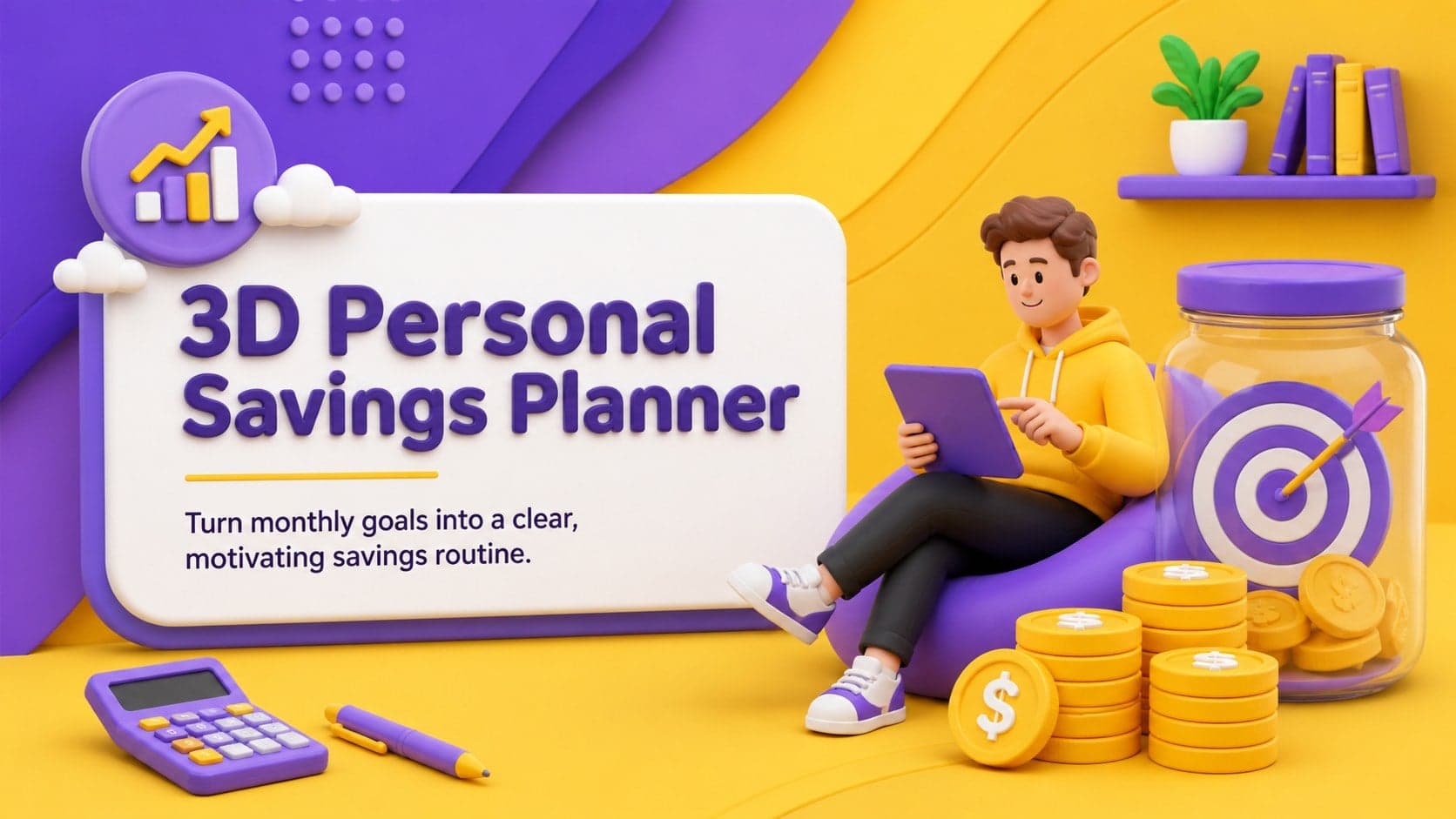 Cover of a 3D personal savings planner featuring playful yellow and purple financial graphics.