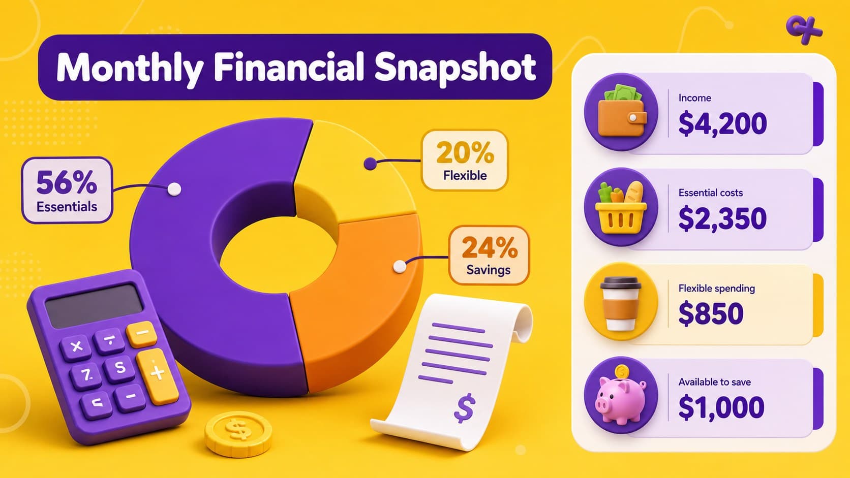 Financial snapshot slide comparing monthly income, essential costs, flexible spending, and available savings.