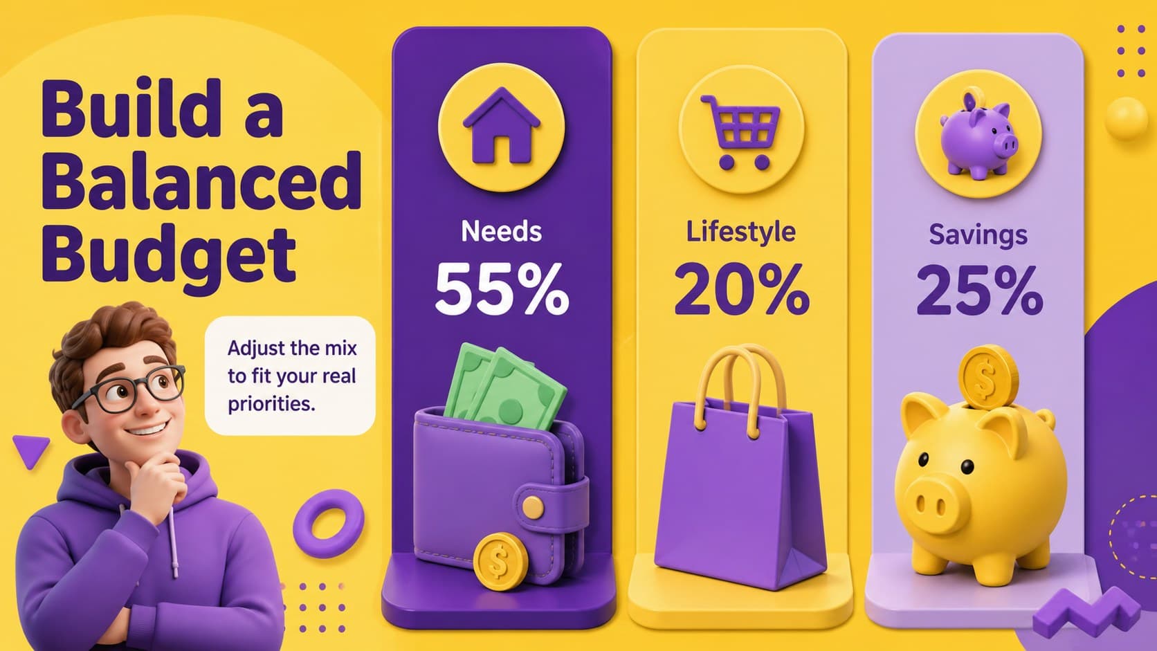 Monthly budget goal presentation slide dividing money among needs, lifestyle spending, and savings.