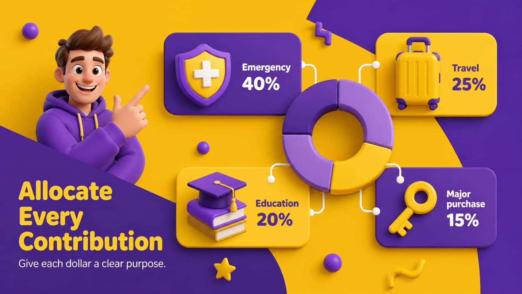 Savings category allocation slide for emergency, travel, education, and major purchase funds.
