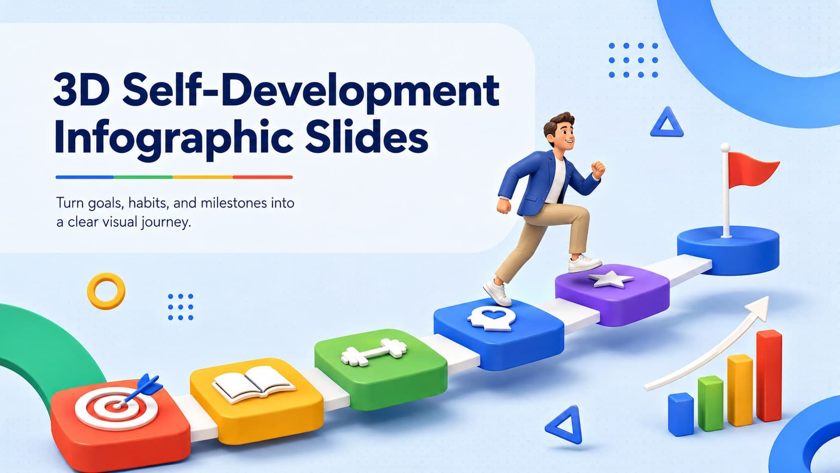 Colorful 3D self-development infographic slides cover featuring an original character and a visual path toward personal goals.