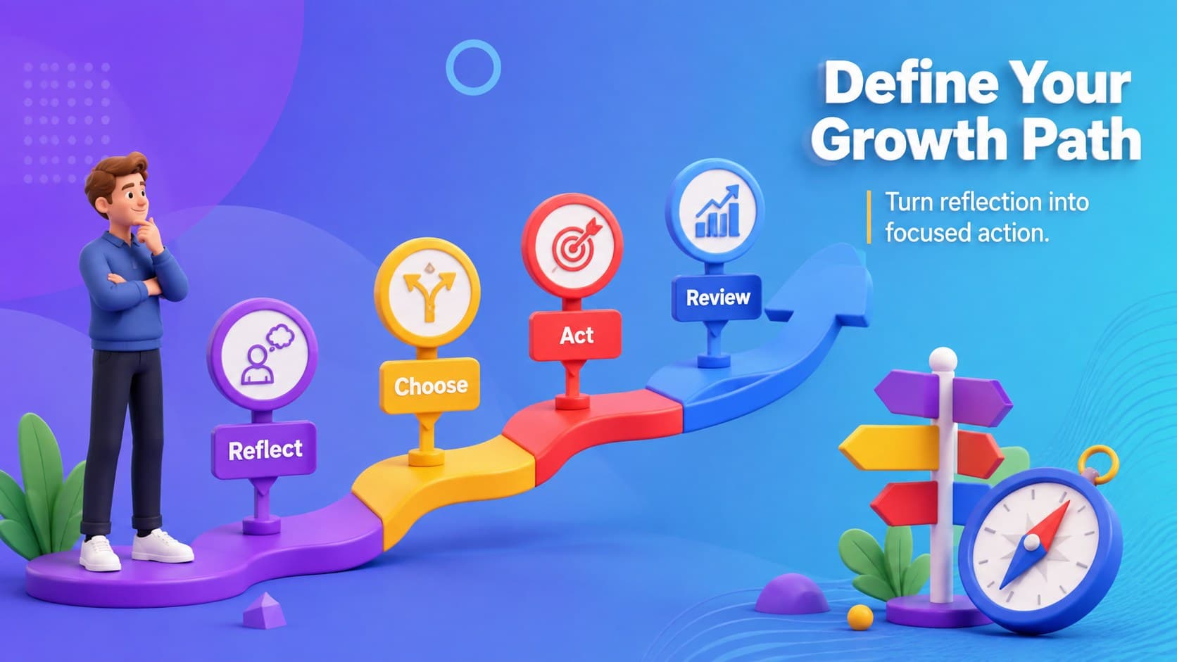 A colorful goal setting process slide showing four stages in a 3D self-development journey.