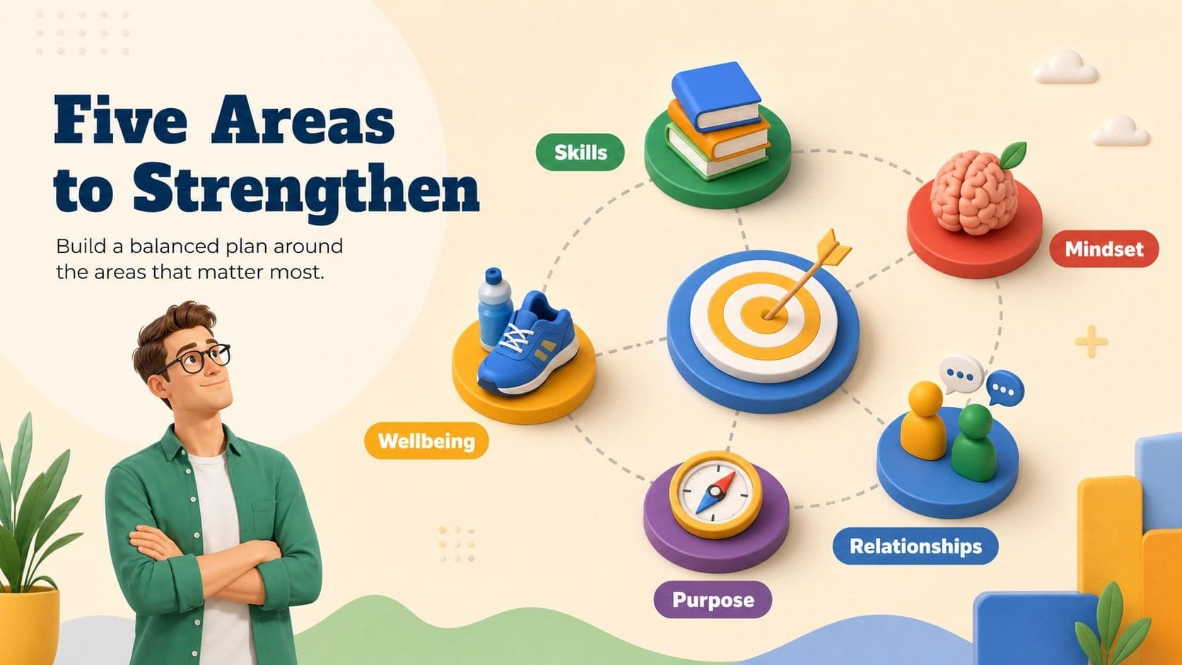 A multicolored self improvement infographic template organizing five personal development areas around a central 3D hub.