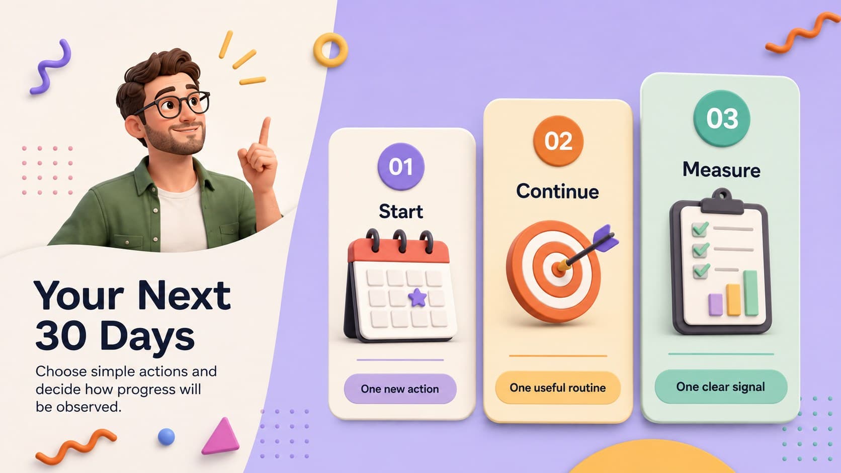 A colorful personal development action-plan slide divided into start, continue, and measure sections.