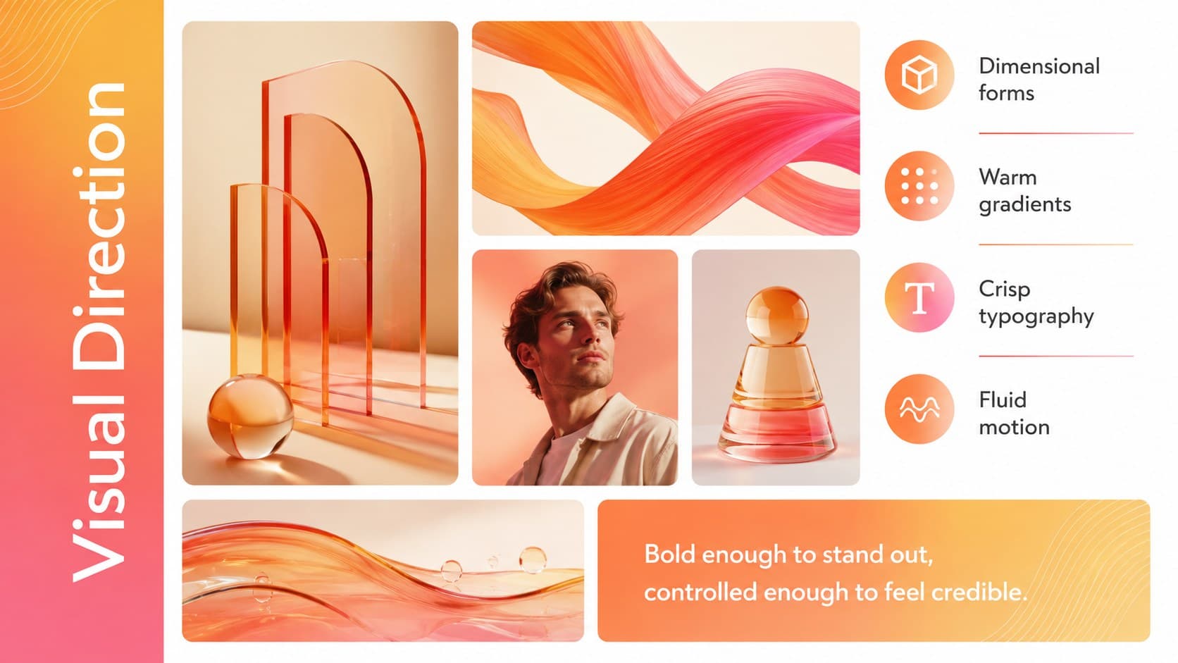 Visual direction board for a motion graphics proposal using orange, pink, and yellow 3D elements.