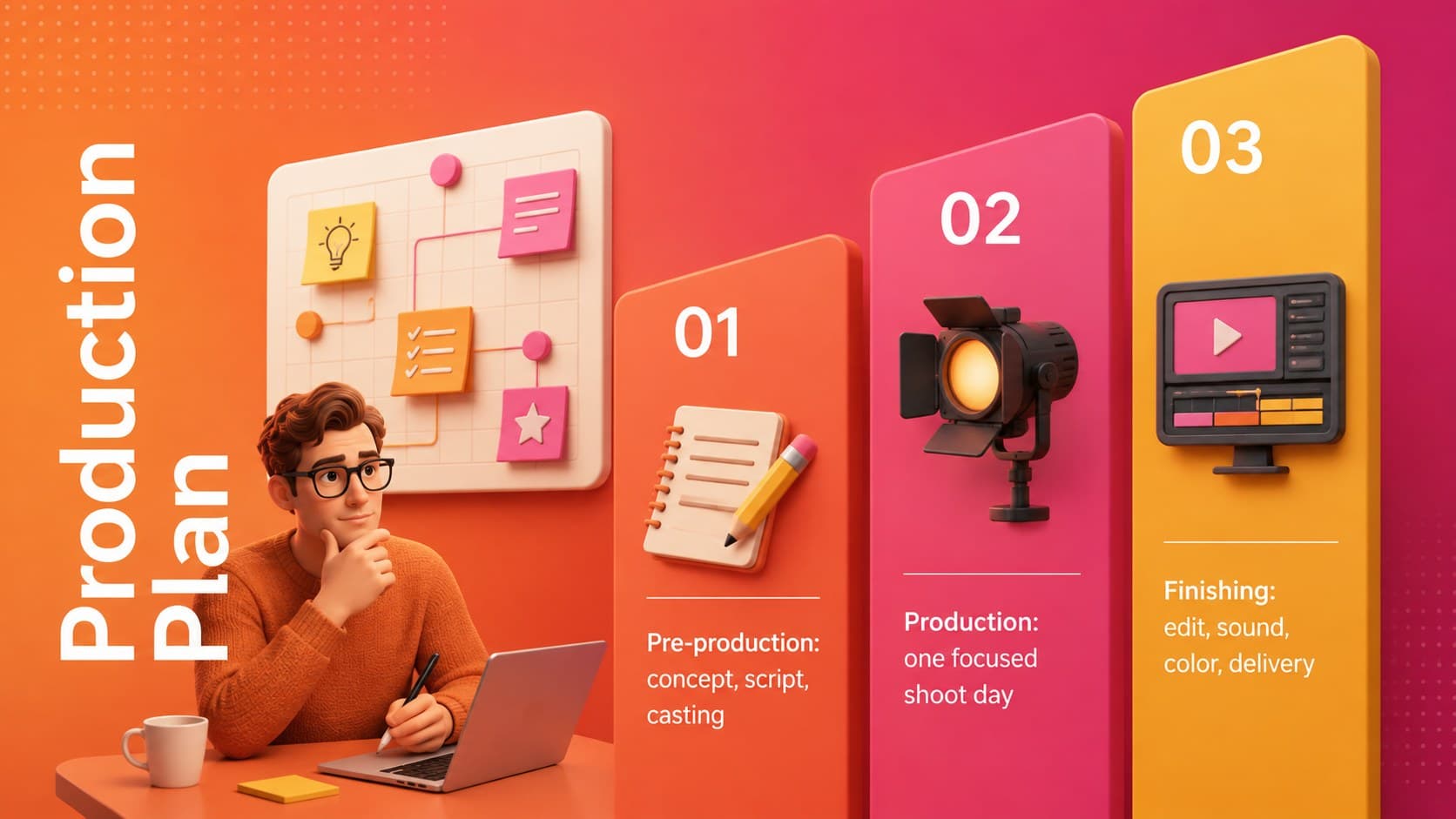 Commercial shoot planning presentation slide with pre-production, filming, and finishing phases.