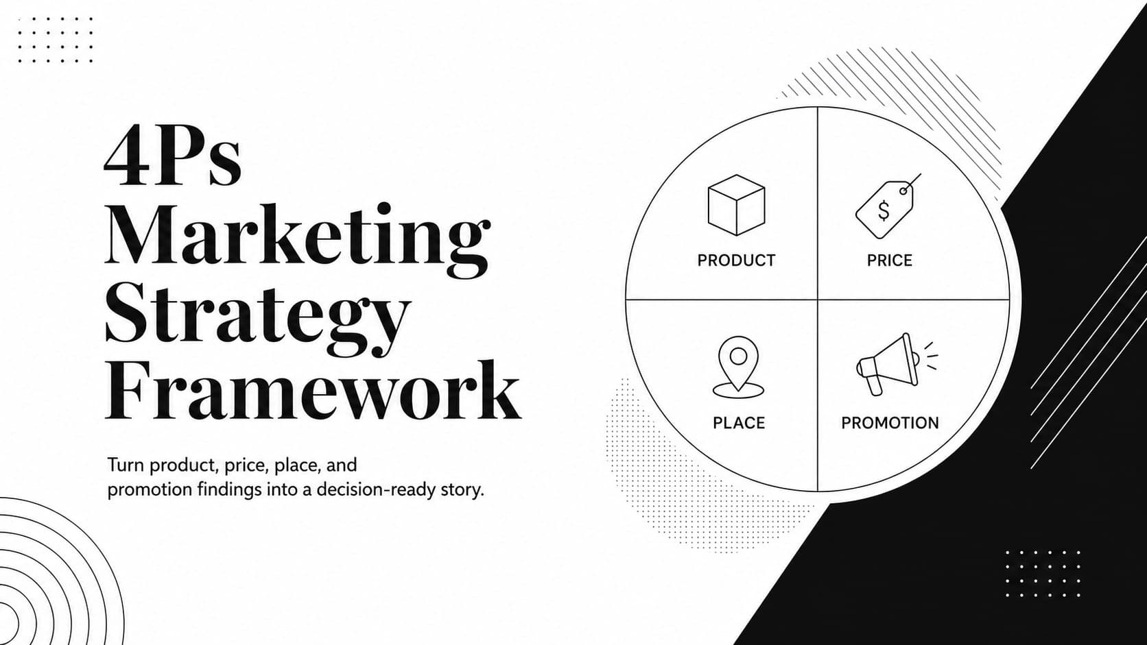 Cover of the 4Ps Marketing Strategy Framework featuring a bold monochrome corporate layout.