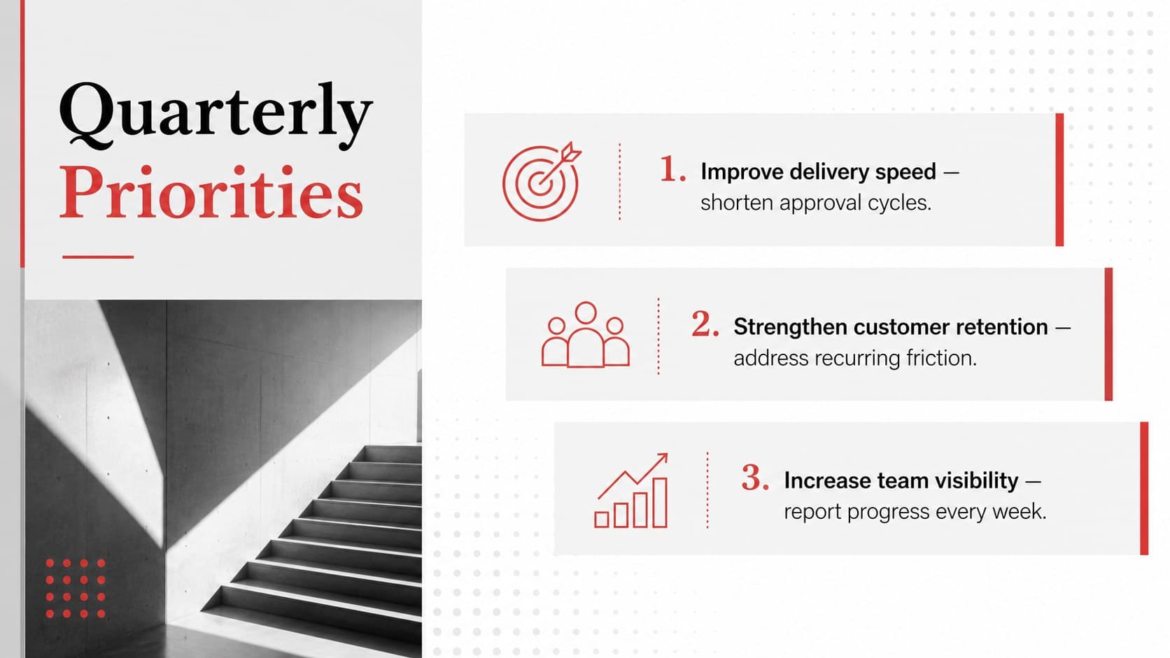 Quarterly priorities slide outlining three goals for a 90-day team action plan.