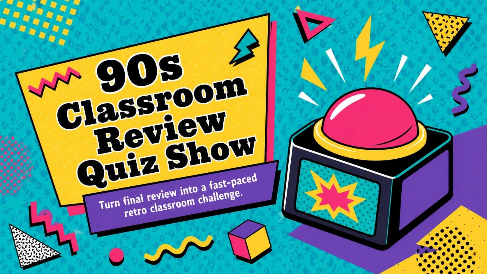 Colorful cover for a 90s classroom review quiz show with retro geometric graphics and bold game-show typography.