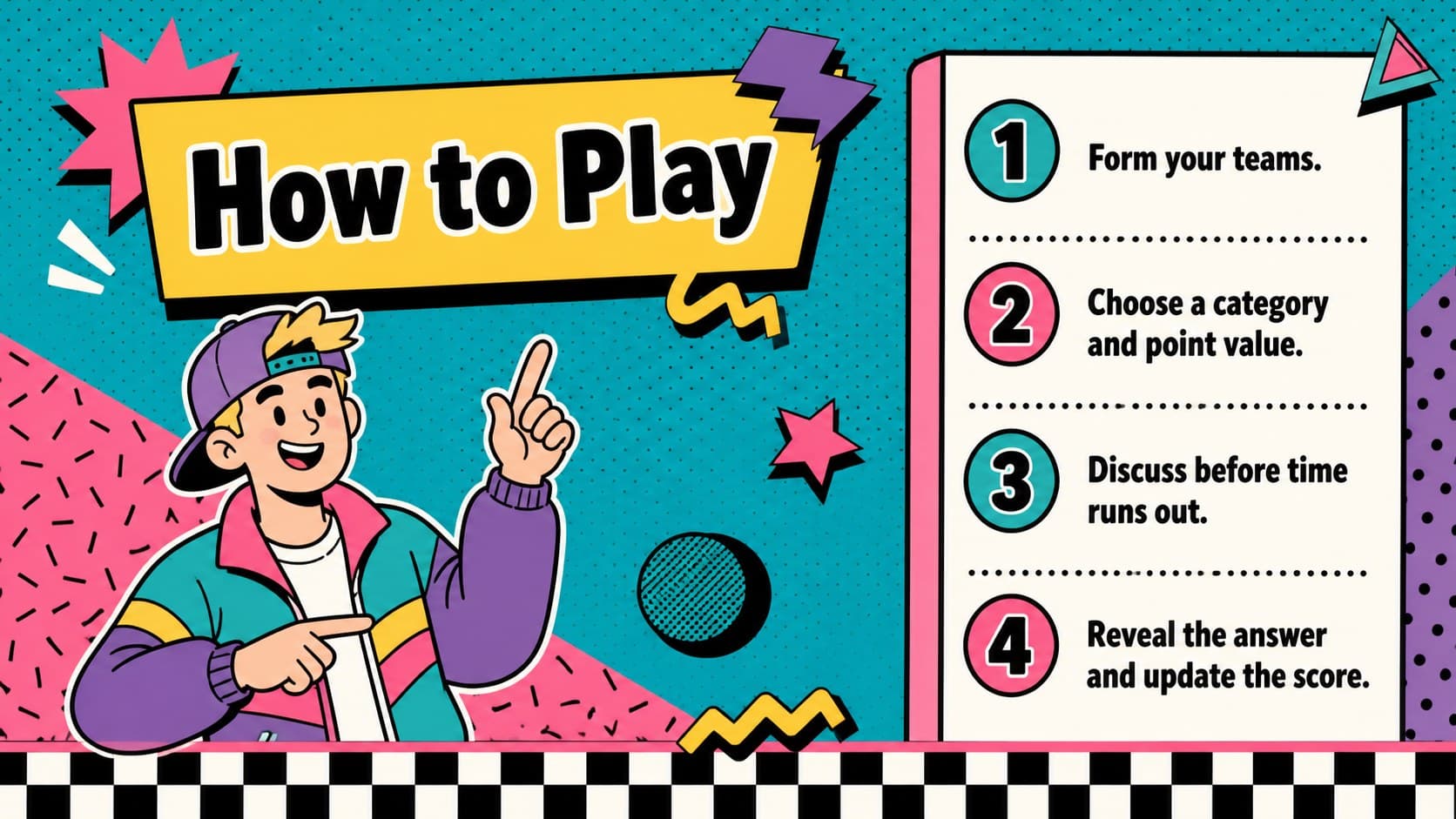 Retro classroom quiz instructions slide explaining teams, category selection, scoring, and answer timing.