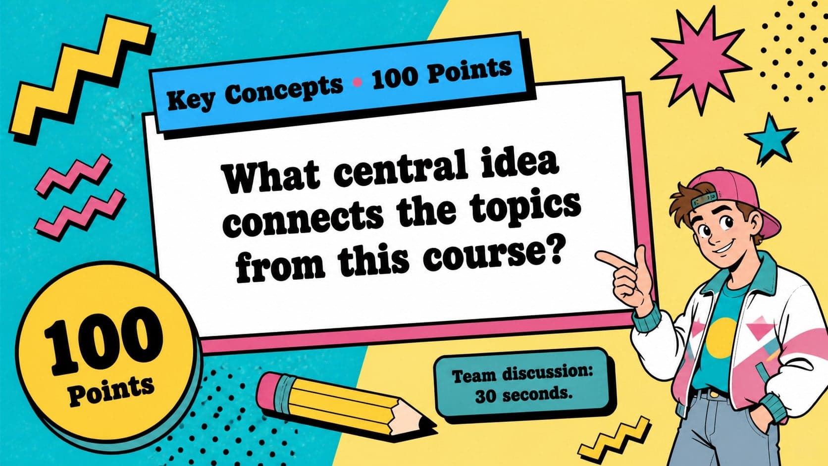 Colorful PowerPoint classroom quiz game question slide featuring a key concepts prompt worth 100 points.