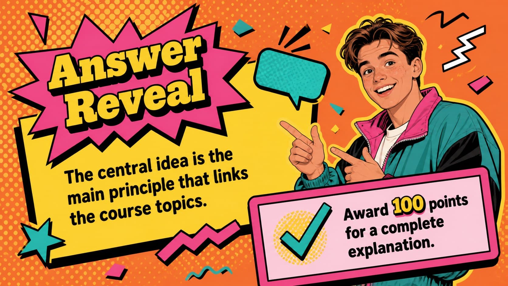 Retro answer reveal slide for an interactive review game for students with space for an explanation.