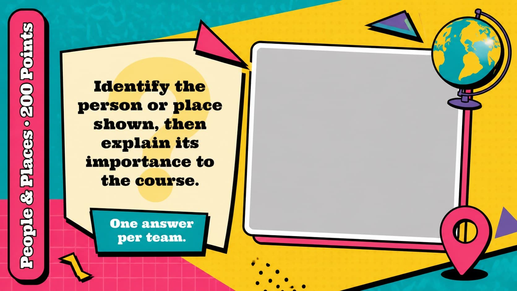 90s game show slide presenting a people and places question for a classroom team quiz.