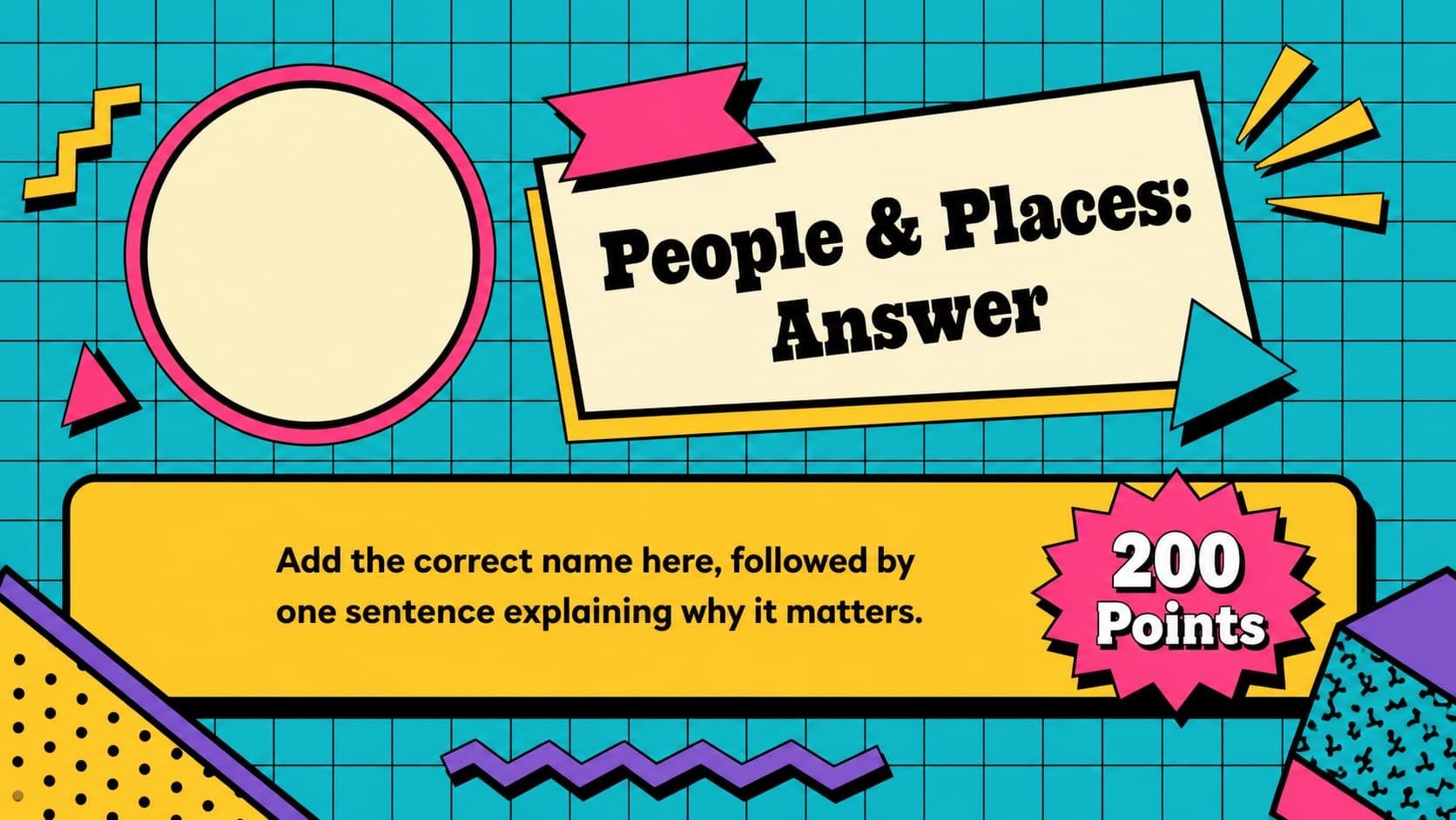 Bright retro quiz answer slide revealing the significance of a course person or place.